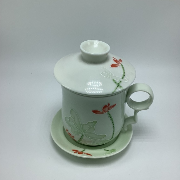 Teavana Porcelain InfuserTea Cup 10 oz Floating Lotus Infuser Cup Lid Saucer - Picture 1 of 11